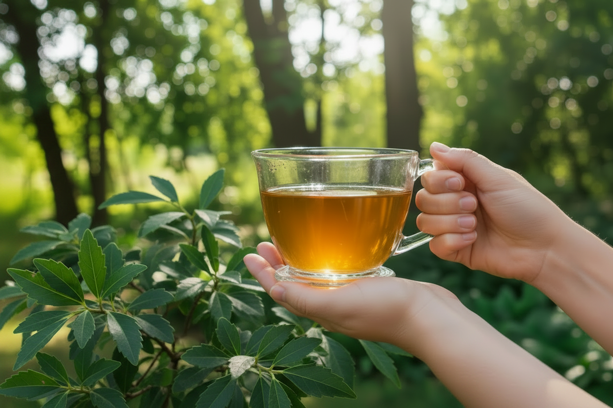Olive-toned feminine hands with long nails holding glass teacup of yerba mate
